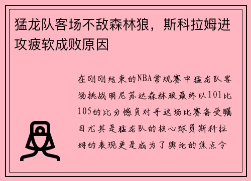 猛龙队客场不敌森林狼，斯科拉姆进攻疲软成败原因