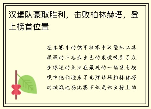 汉堡队豪取胜利，击败柏林赫塔，登上榜首位置